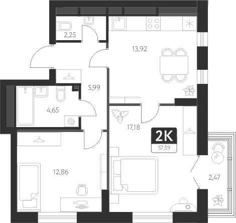 Планировка — Спутник-1, 2-комн., 57 м²