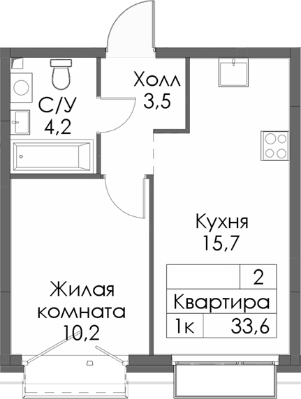 Планировка — Сиберово, 1-комн., 34 м²