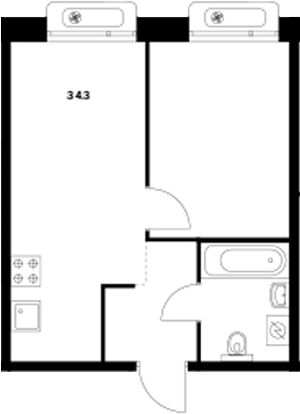 Планировка — Сиберово, 1-комн., 34 м²