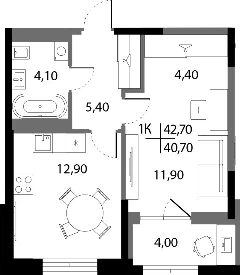 Планировка — А+, 1-комн., 39 м²