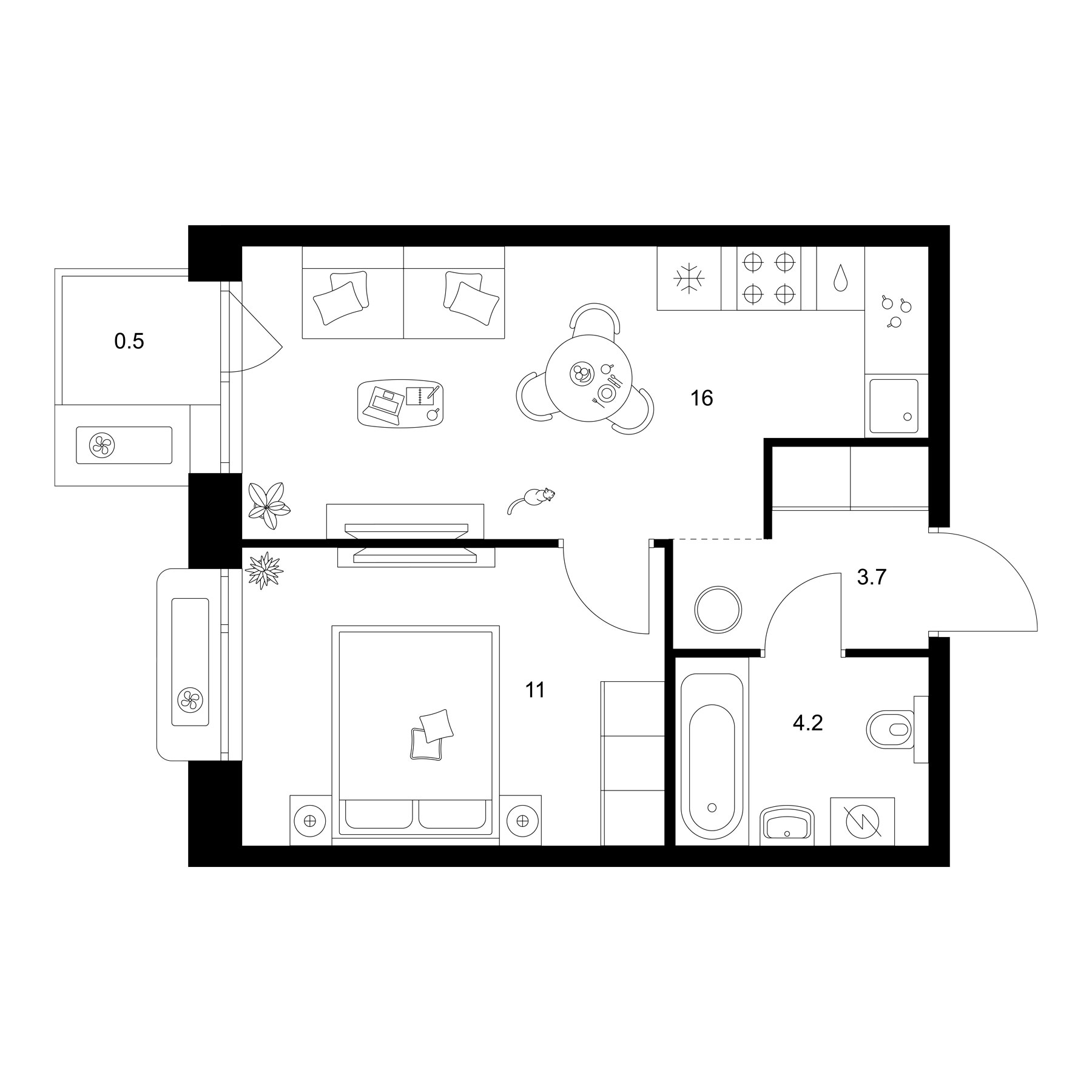 Планировка — Сиберово, 1-комн., 35 м²