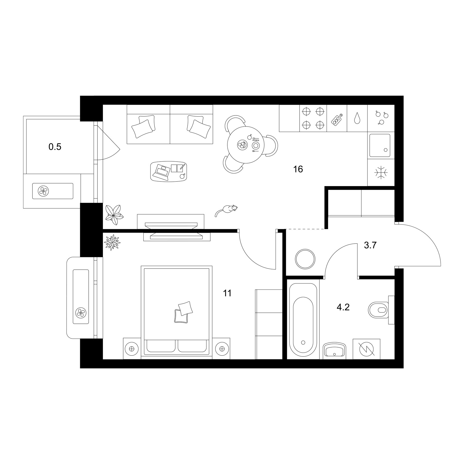 Планировка — Сиберово, 1-комн., 35 м²