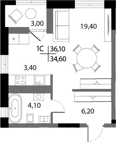Планировка — А+, Студия, 33 м²