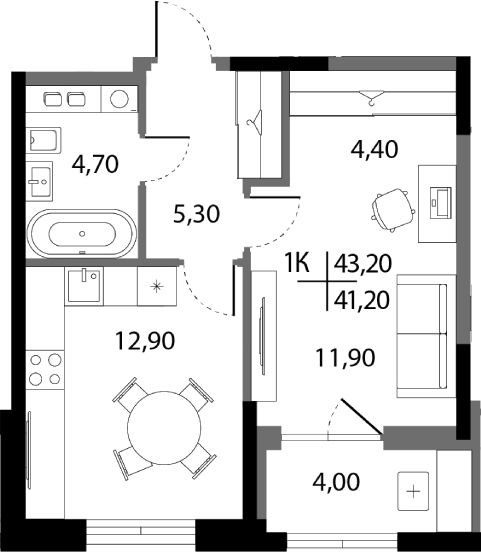 Планировка — А+, 1-комн., 39 м²