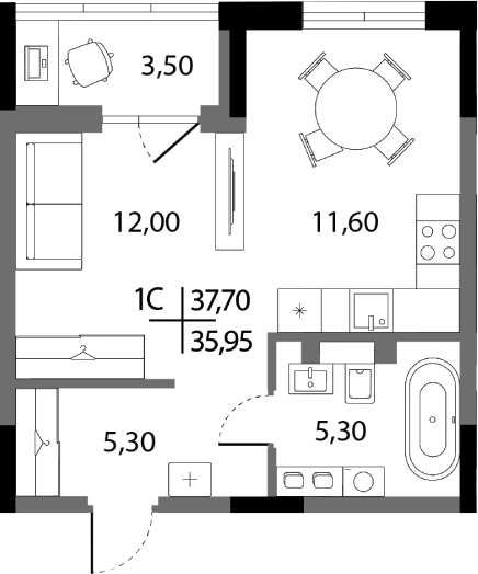 Планировка — А+, Студия, 34 м²