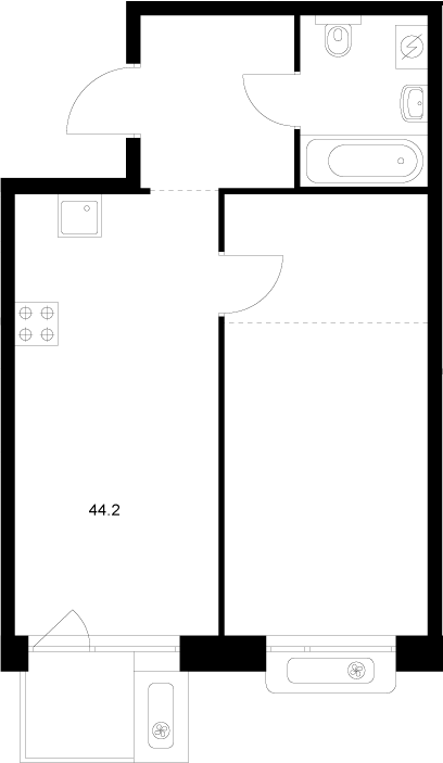 Планировка — Сиберово, 1-комн., 44 м²