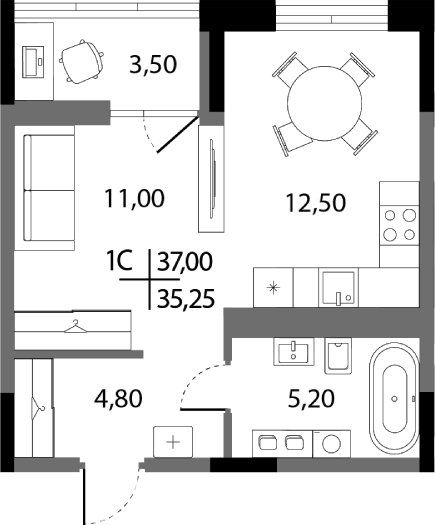 Планировка — А+, Студия, 34 м²