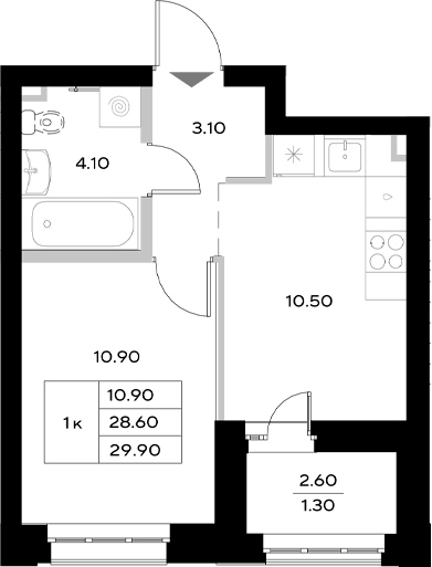 Планировка — Уникод на Технической, 1-комн., 29 м²
