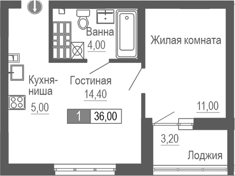 Планировка — Фристайл, 2-комн., 34 м²