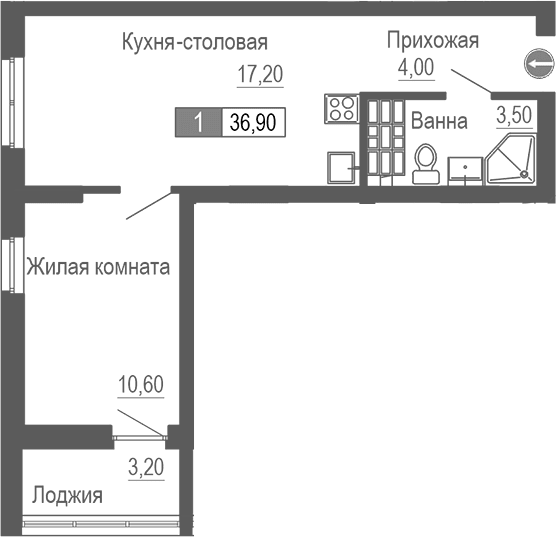 Планировка — Фристайл, 2-комн., 35 м²