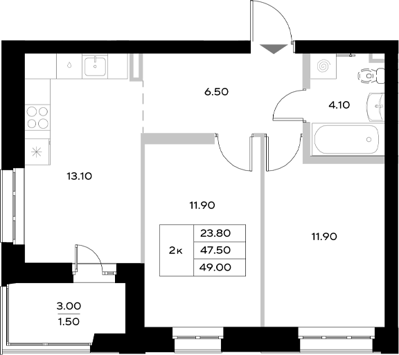 Планировка — Уникод на Технической, 2-комн., 48 м²