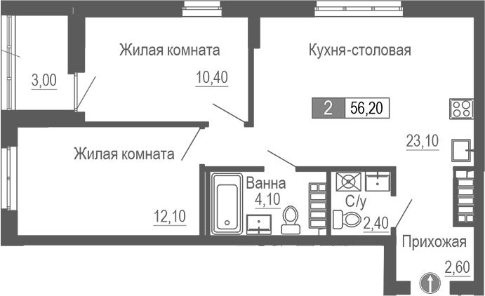 Планировка — Фристайл, 3-комн., 55 м²