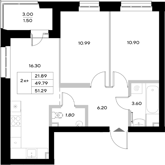 Планировка — Уникод на Технической, 3-комн., 50 м²