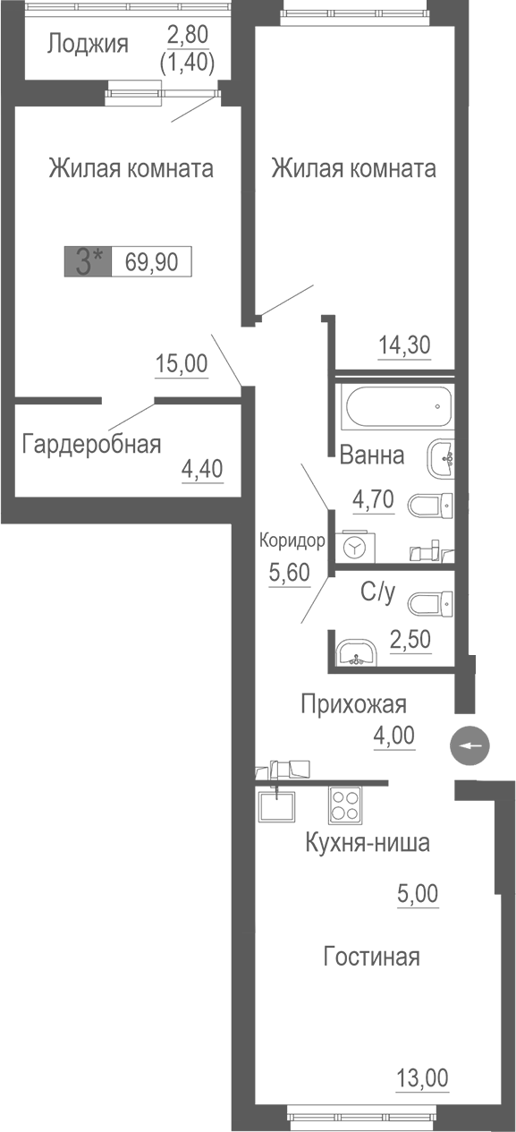 Планировка — Фристайл, 3-комн., 69 м²