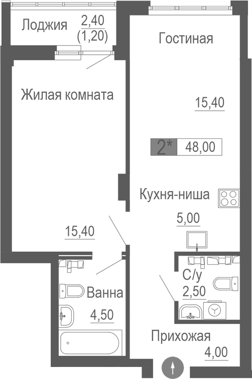 Планировка — Фристайл, 2-комн., 47 м²