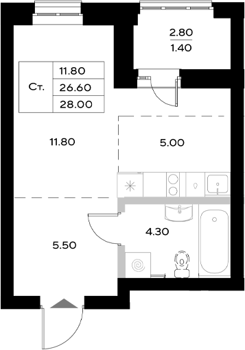 Планировка — Уникод на Технической, Студия, 27 м²