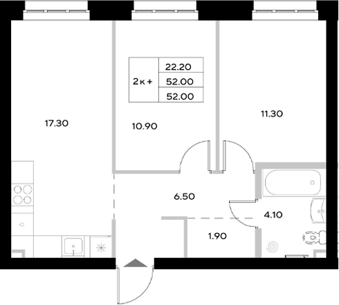 Планировка — Уникод на Технической, 3-комн., 52 м²