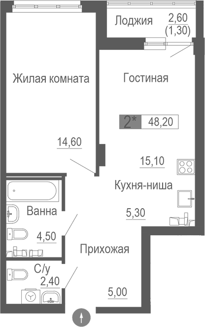Планировка — Фристайл, 2-комн., 47 м²