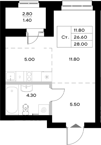 Планировка — Уникод на Технической, Студия, 27 м²