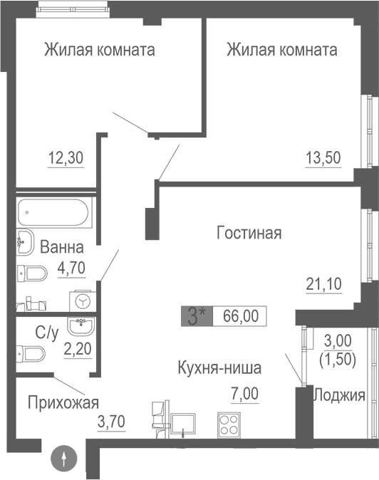 Планировка — Фристайл, 3-комн., 65 м²