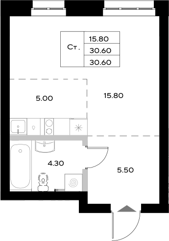 Планировка — Уникод на Технической, Студия, 31 м²