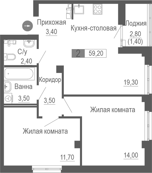 Планировка — Фристайл, 2-комн., 58 м²