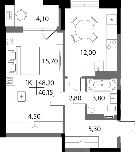 Планировка — А+, 1-комн., 44 м²