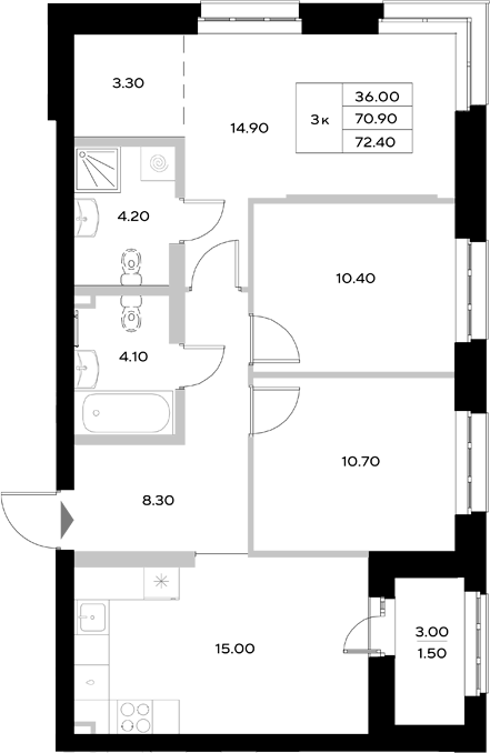 Планировка — Уникод на Технической, 4-комн., 71 м²