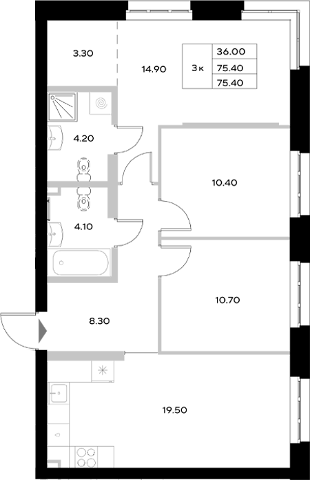 Планировка — Уникод на Технической, 4-комн., 75 м²