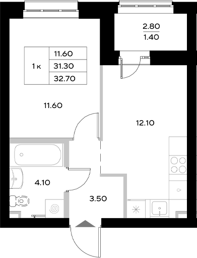 Планировка — Уникод на Технической, 1-комн., 31 м²