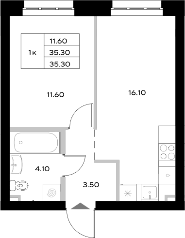 Планировка — Уникод на Технической, 2-комн., 35 м²