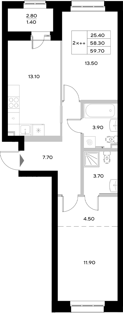 Планировка — Уникод на Технической, 2-комн., 58 м²