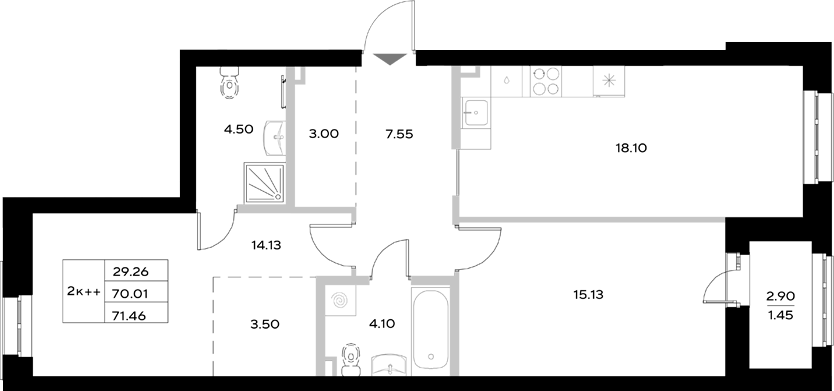 Планировка — Уникод на Технической, 3-комн., 70 м²