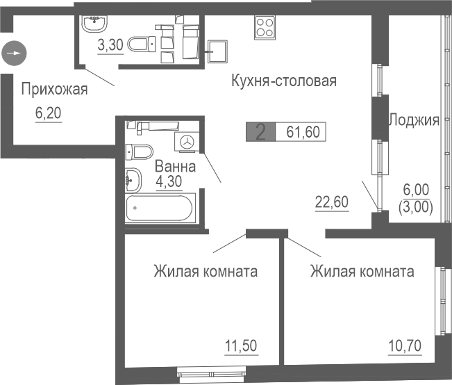 Планировка — Фристайл, 2-комн., 59 м²