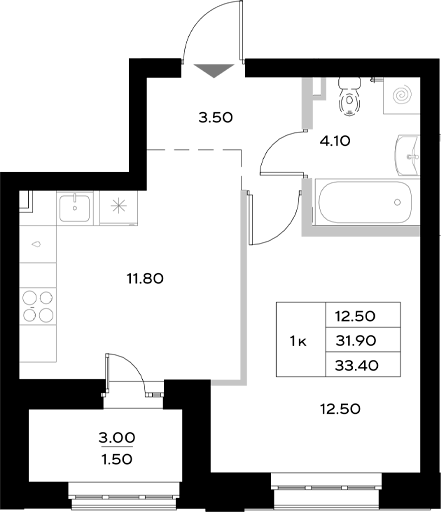 Планировка — Уникод на Технической, 1-комн., 32 м²