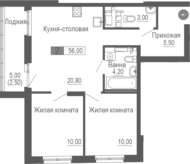 Планировка — Фристайл, 2-комн., 54 м²