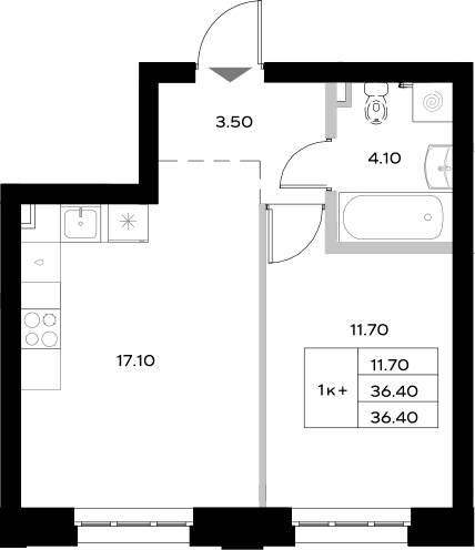 Планировка — Уникод на Технической, 2-комн., 36 м²