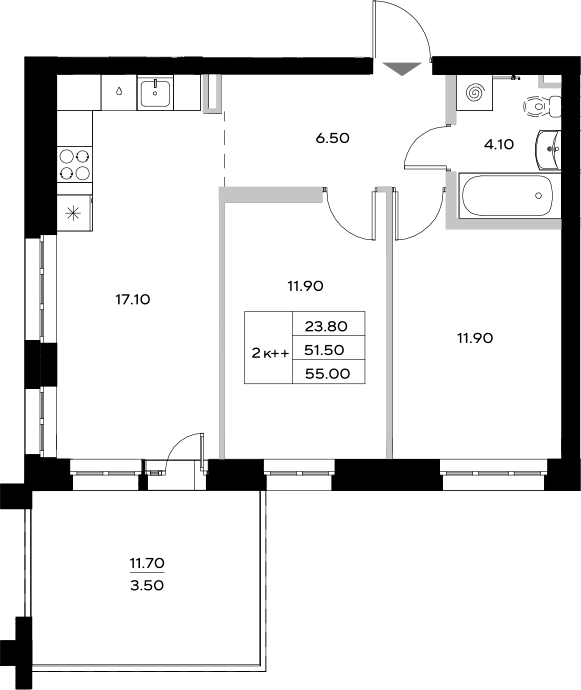 Планировка — Уникод на Технической, 3-комн., 52 м²
