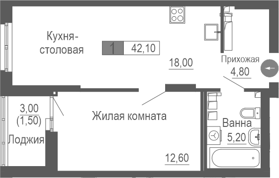 Планировка — Фристайл, 1-комн., 41 м²