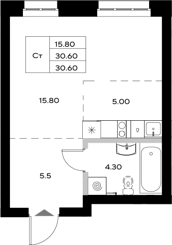 Планировка — Уникод на Технической, Студия, 31 м²