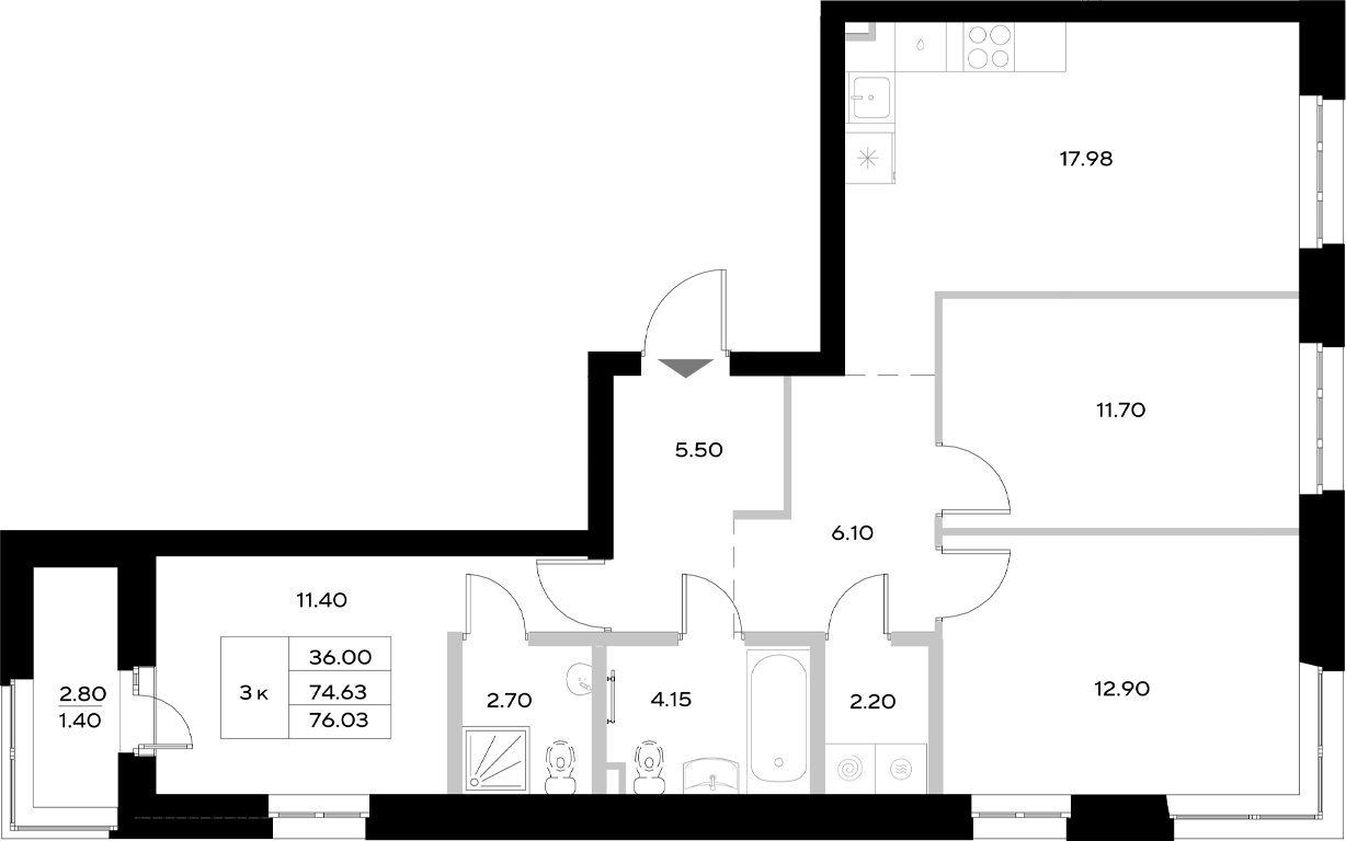 Планировка — Уникод на Технической, 4-комн., 75 м²