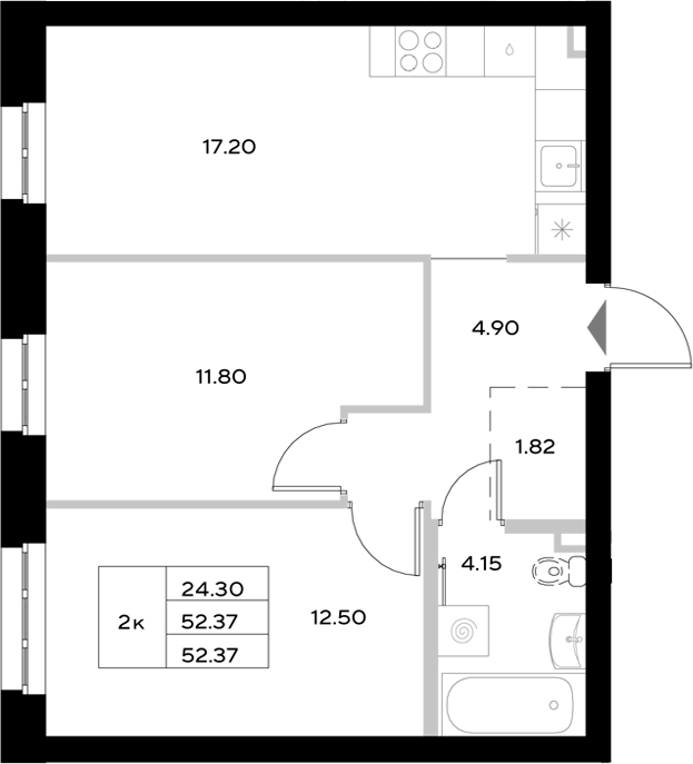 Планировка — Уникод на Технической, 3-комн., 52 м²