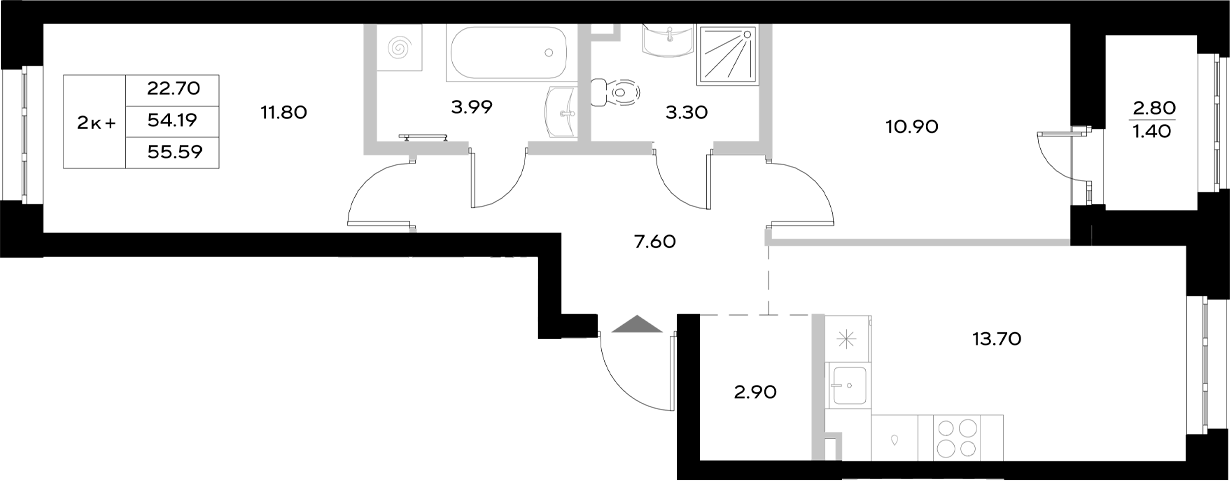 Планировка — Уникод на Технической, 2-комн., 54 м²