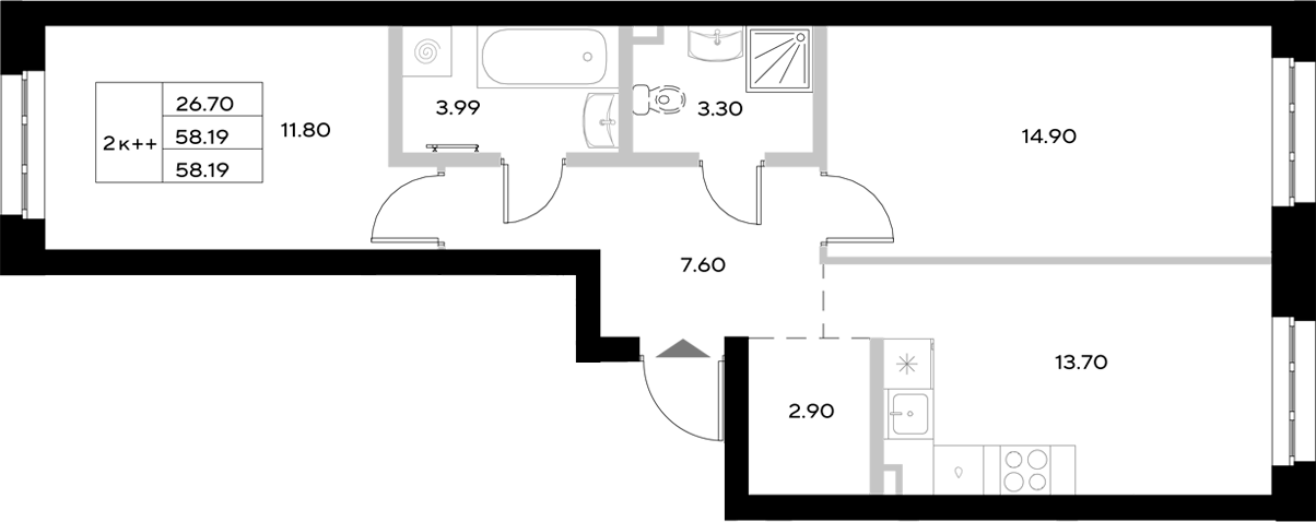 Планировка — Уникод на Технической, 2-комн., 58 м²