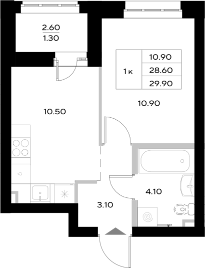 Планировка — Уникод на Технической, 1-комн., 29 м²