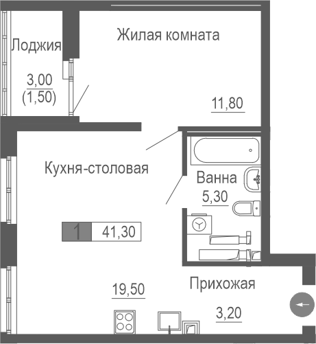 Планировка — Фристайл, 1-комн., 40 м²