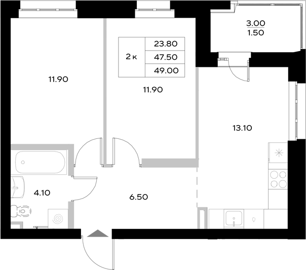 Планировка — Уникод на Технической, 2-комн., 48 м²