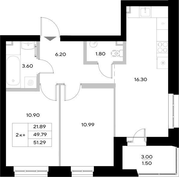 Планировка — Уникод на Технической, 3-комн., 50 м²