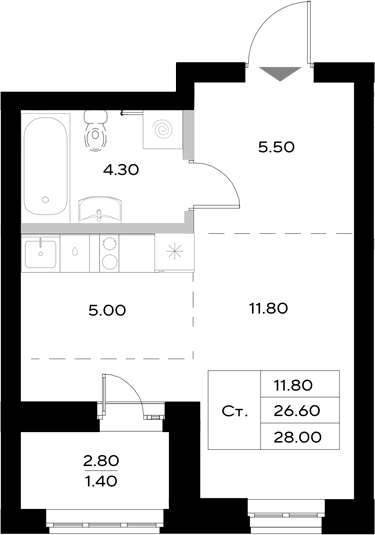 Планировка — Уникод на Технической, Студия, 27 м²