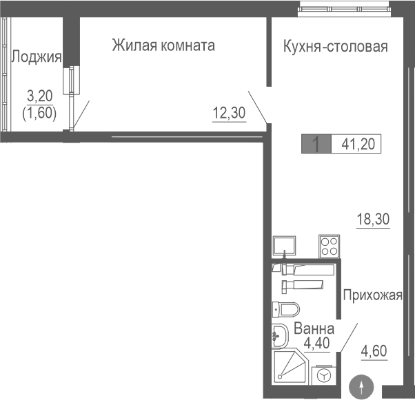 Планировка — Фристайл, 1-комн., 40 м²